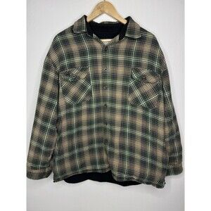 Burrylane Flannel Shirt Jacket Tan Green Fleece Lined Button Down Mens Size XL